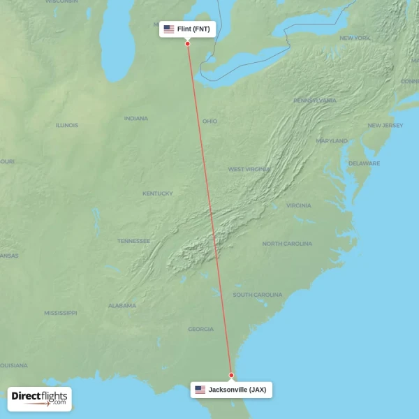 Jacksonville - Flint direct flight map