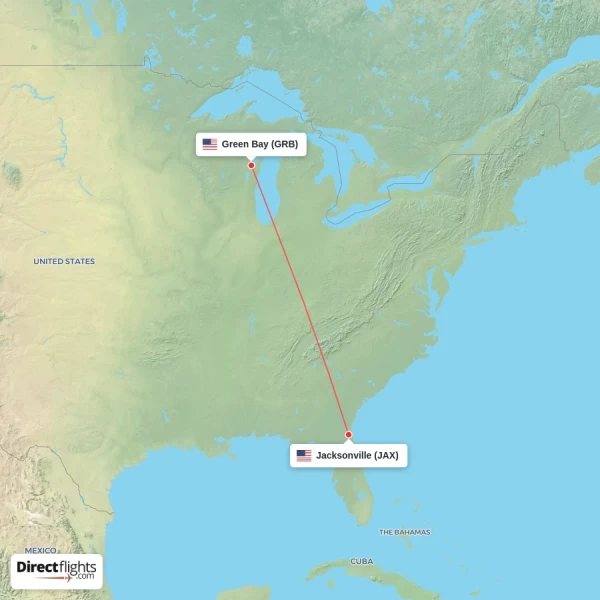 Jacksonville - Green Bay direct flight map