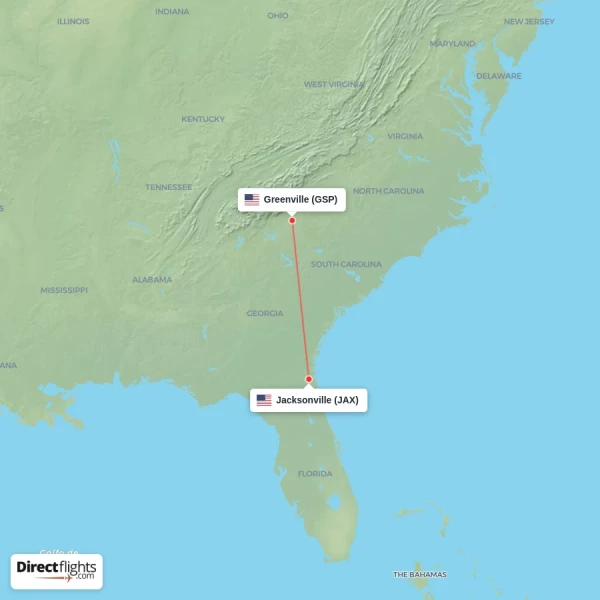 Jacksonville - Greenville direct flight map
