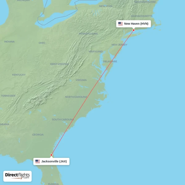 Jacksonville - New Haven direct flight map