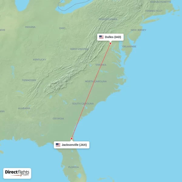 Jacksonville - Dulles direct flight map