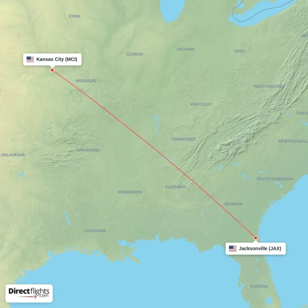 Jacksonville - Kansas City direct flight map