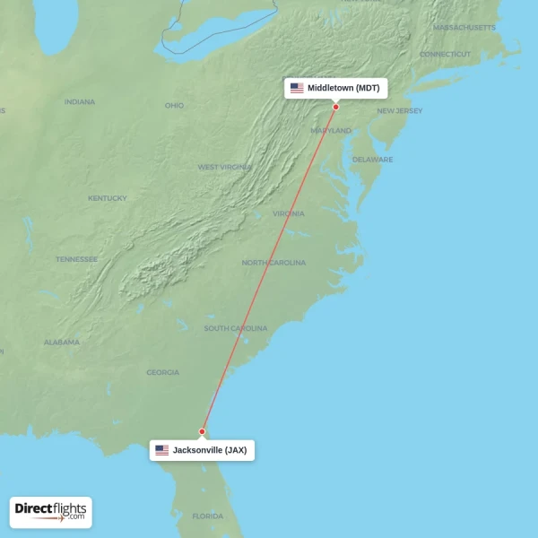 Jacksonville - Middletown direct flight map