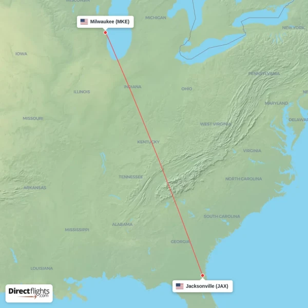 Jacksonville - Milwaukee direct flight map
