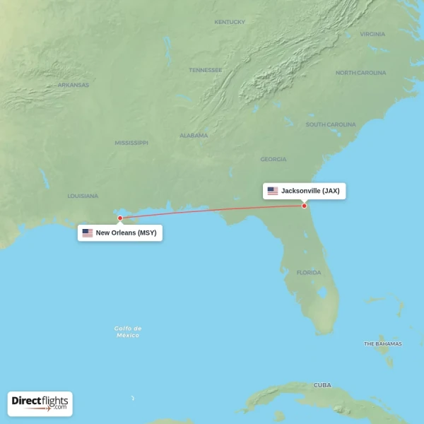 Jacksonville - New Orleans direct flight map