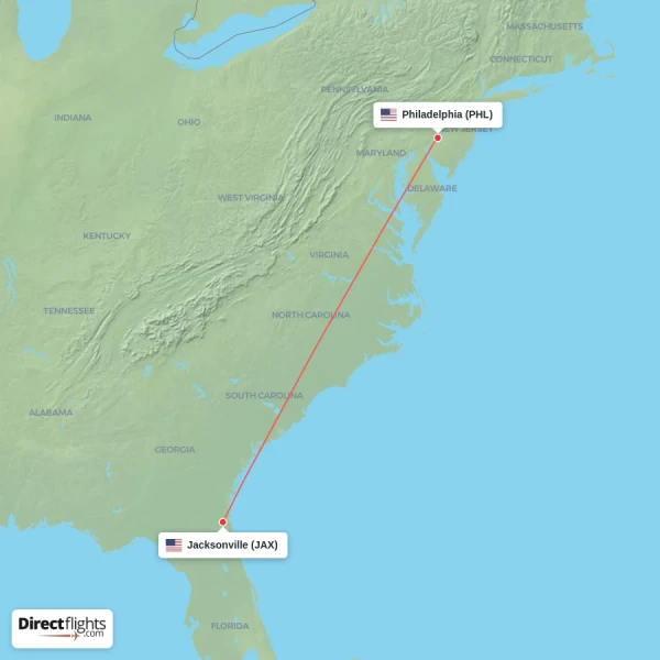 Jacksonville - Philadelphia direct flight map