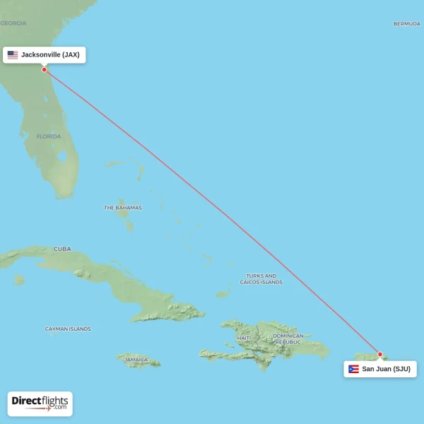 Jacksonville - San Juan direct flight map