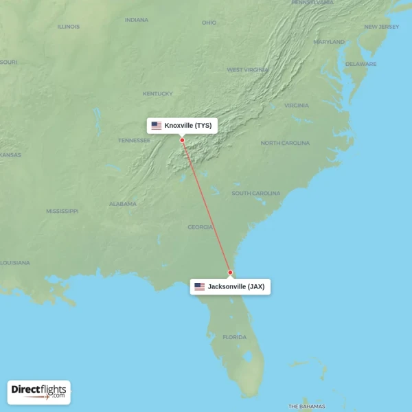 Jacksonville - Knoxville direct flight map