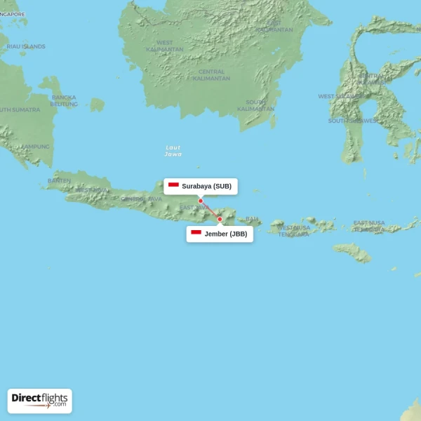 Jember - Surabaya direct flight map