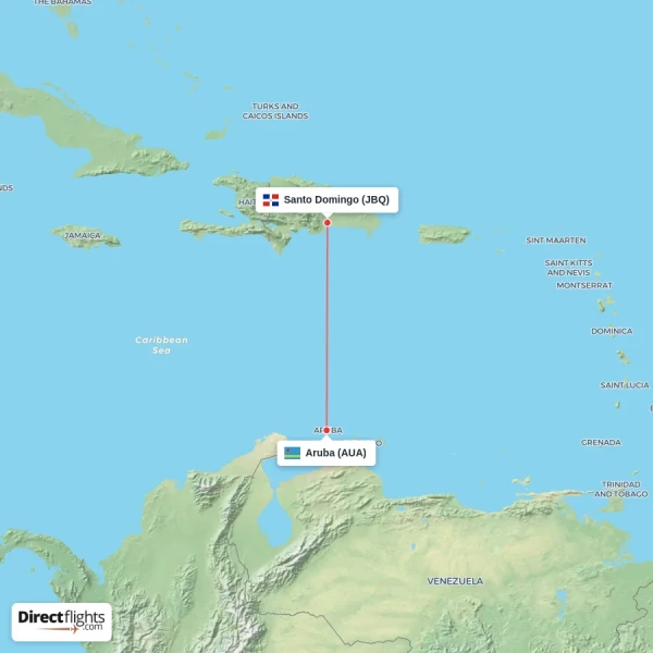 Santo Domingo - Aruba direct flight map