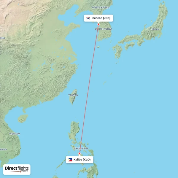 Incheon - Kalibo direct flight map