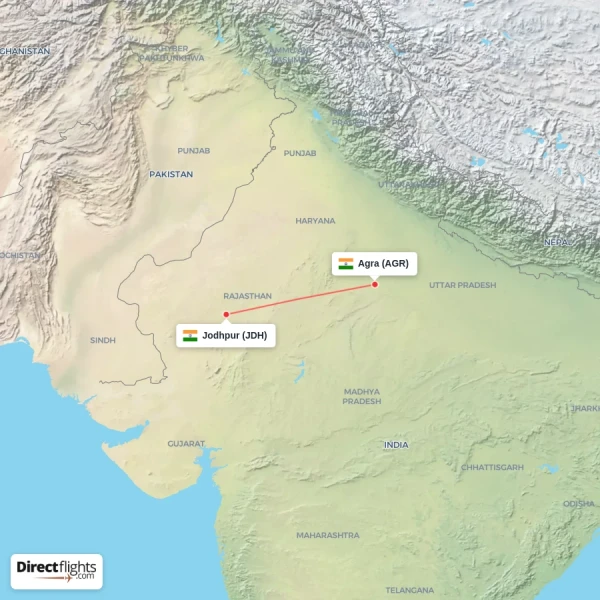 Jodhpur - Agra direct flight map