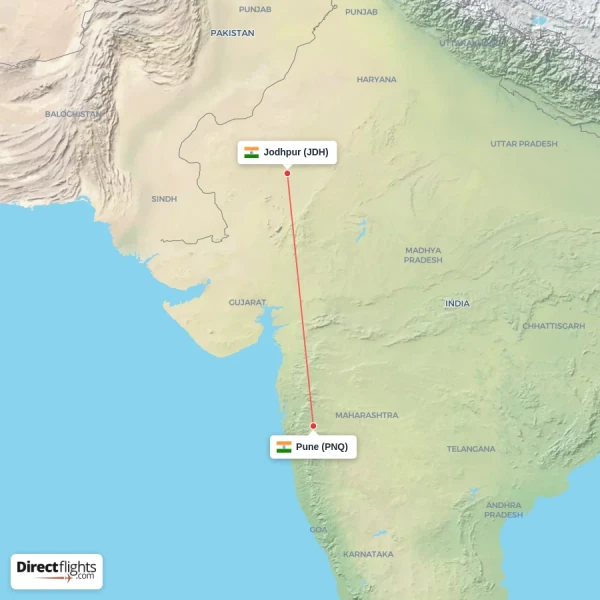 Jodhpur - Pune direct flight map