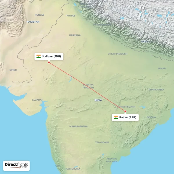 Jodhpur - Raipur direct flight map
