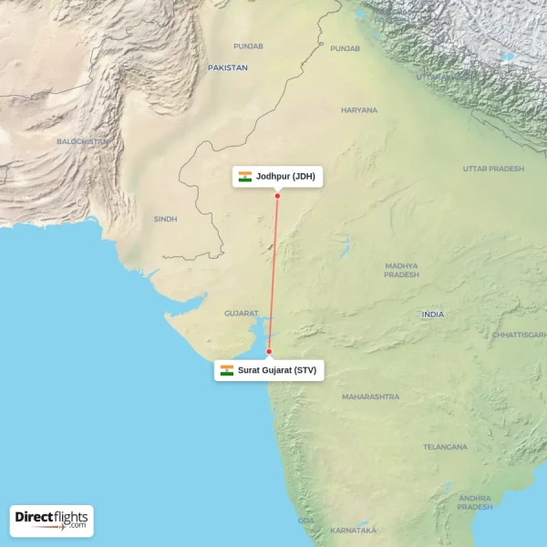 Jodhpur - Surat Gujarat direct flight map