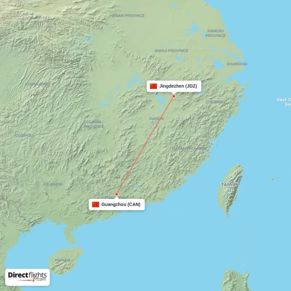 Jingdezhen - Guangzhou direct flight map