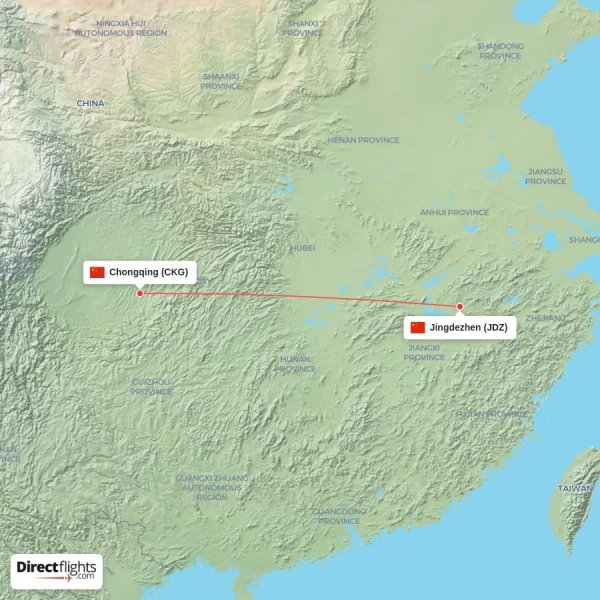 Jingdezhen - Chongqing direct flight map