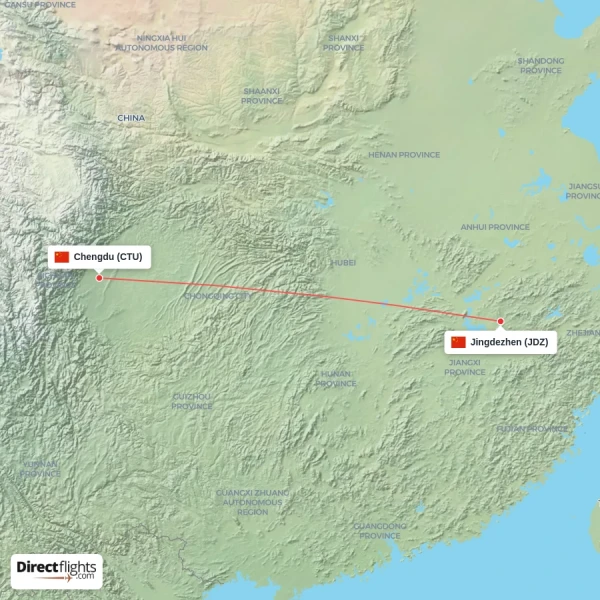 Jingdezhen - Chengdu direct flight map