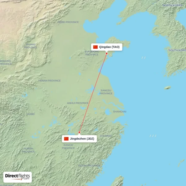 Jingdezhen - Qingdao direct flight map