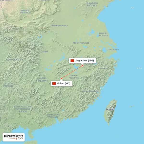 Jingdezhen - Yichun direct flight map