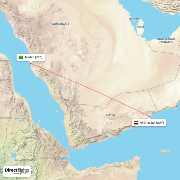 Jeddah - Al Ghaydah direct flight map