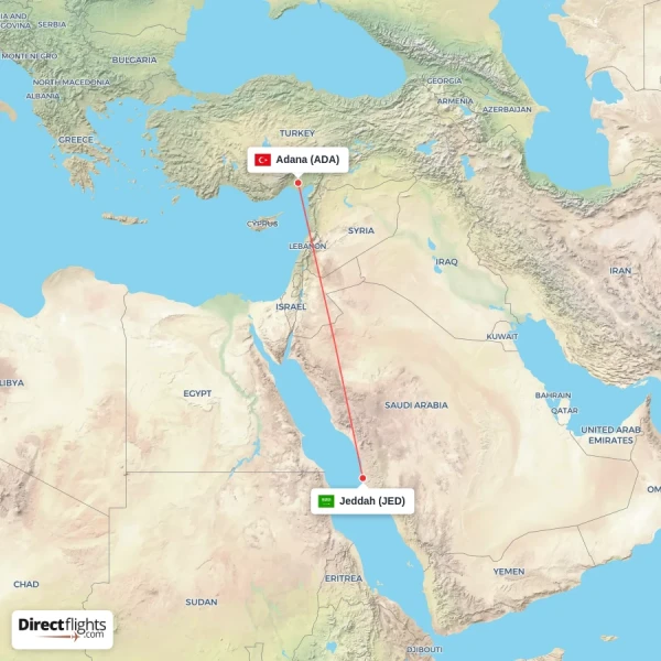 Jeddah - Adana direct flight map