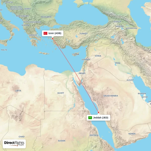 Jeddah - Izmir direct flight map