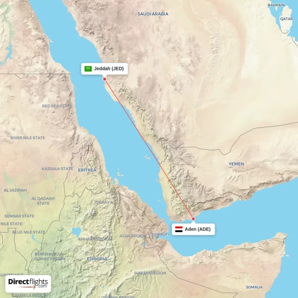 Jeddah - Aden direct flight map