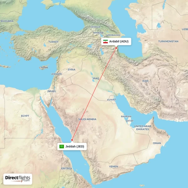 Jeddah - Ardabil direct flight map
