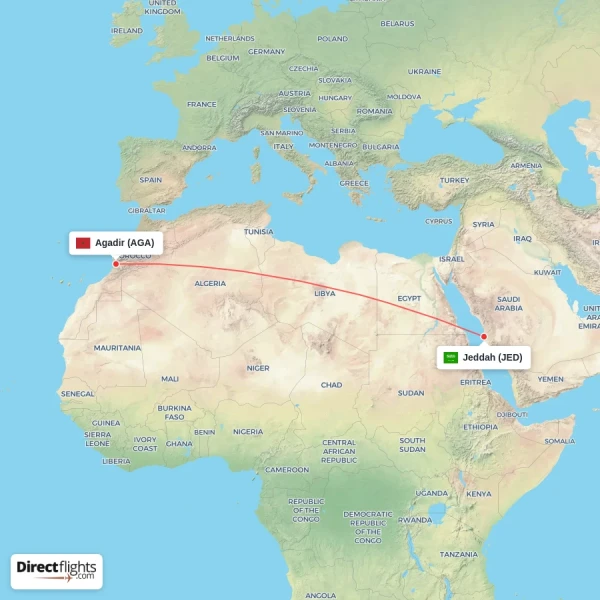 Jeddah - Agadir direct flight map