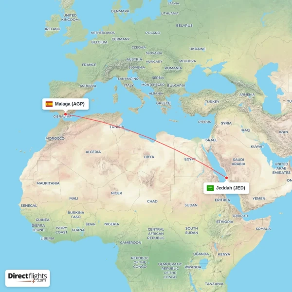 Jeddah - Malaga direct flight map