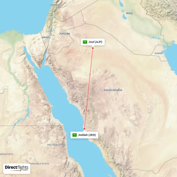 Jeddah - Jouf direct flight map