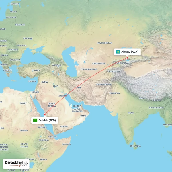 Jeddah - Almaty direct flight map