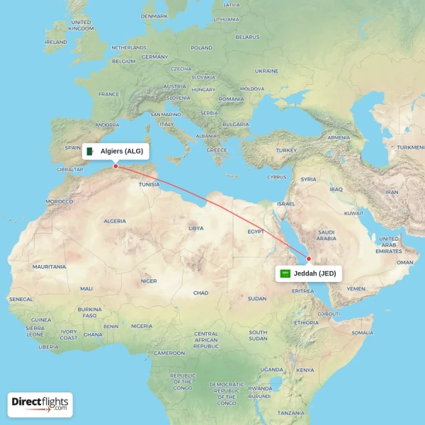 Jeddah - Algiers direct flight map