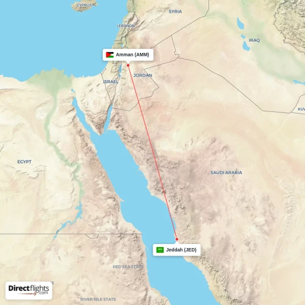 Jeddah - Amman direct flight map