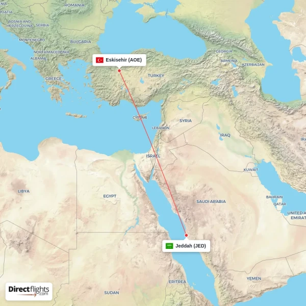 Jeddah - Eskisehir direct flight map