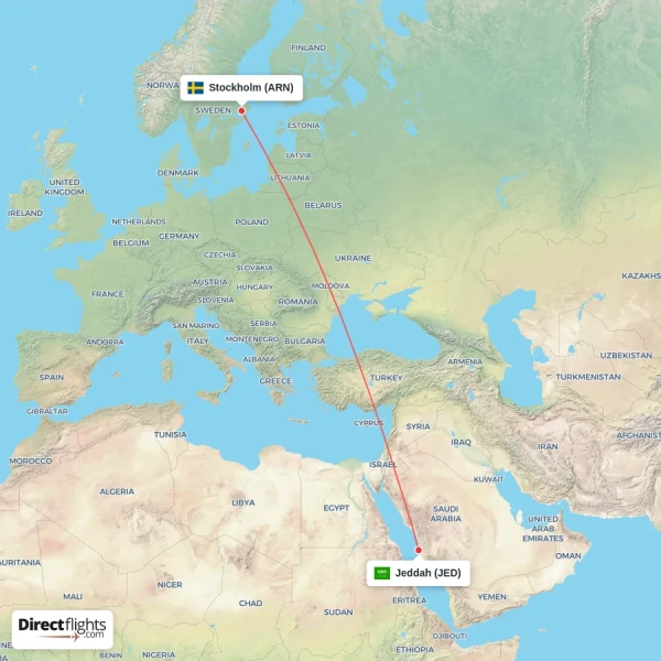 Jeddah - Stockholm direct flight map