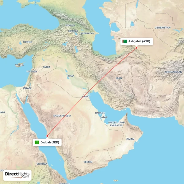 Jeddah - Ashgabat direct flight map