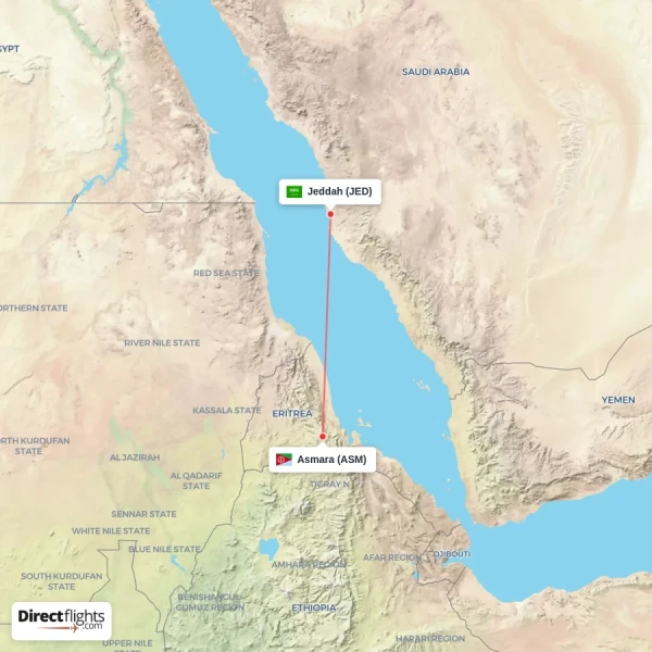 Jeddah - Asmara direct flight map