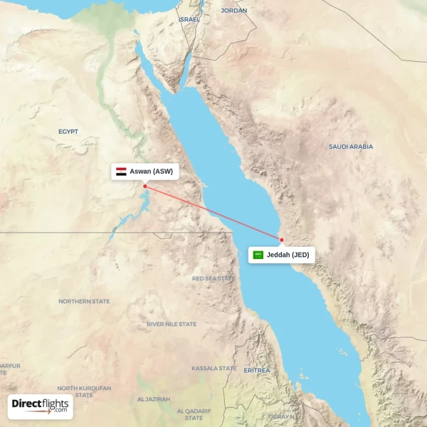 Jeddah - Aswan direct flight map