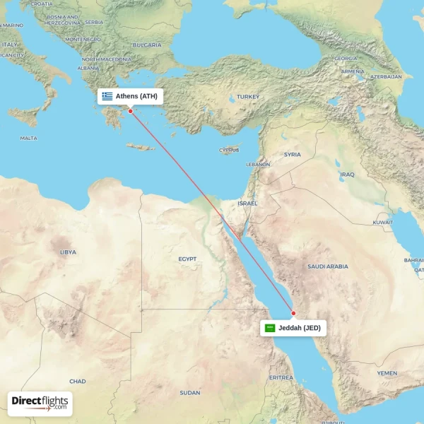 Jeddah - Athens direct flight map