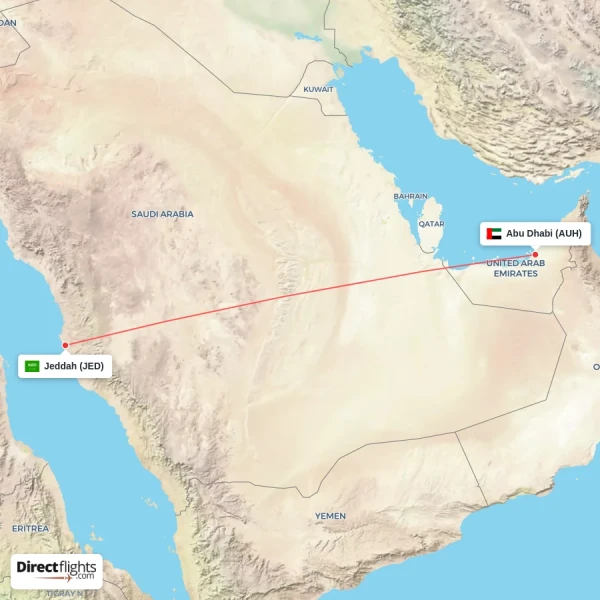 Jeddah - Abu Dhabi direct flight map