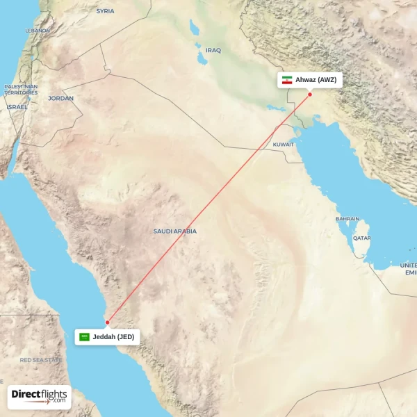 Jeddah - Ahwaz direct flight map