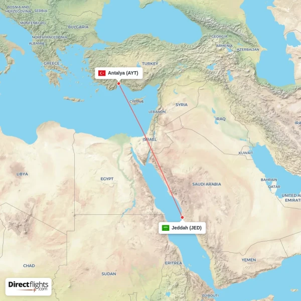 Jeddah - Antalya direct flight map