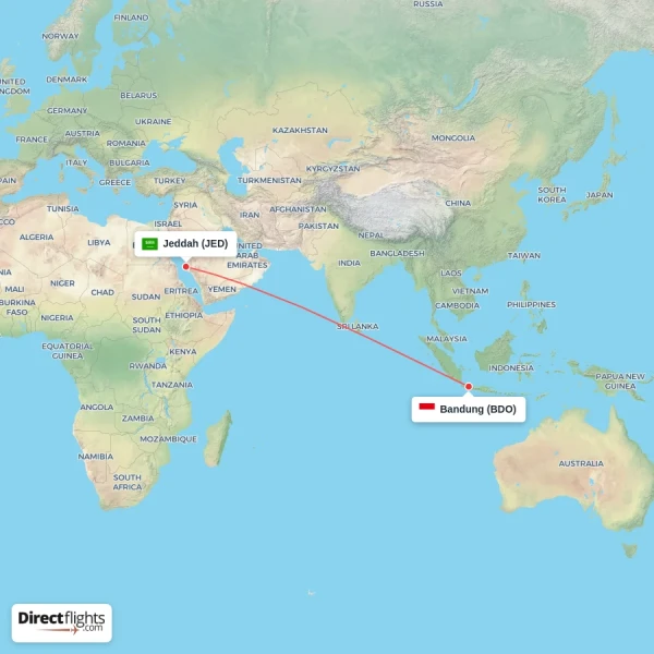 Jeddah - Bandung direct flight map