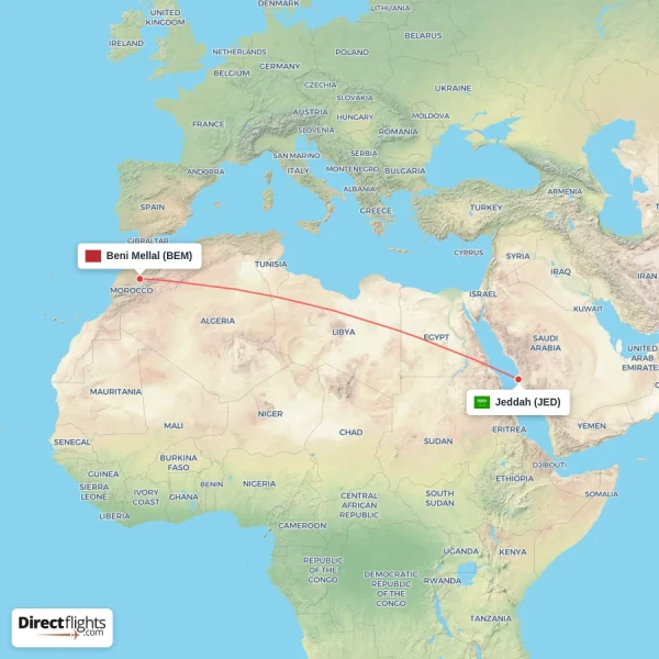 Jeddah - Beni Mellal direct flight map