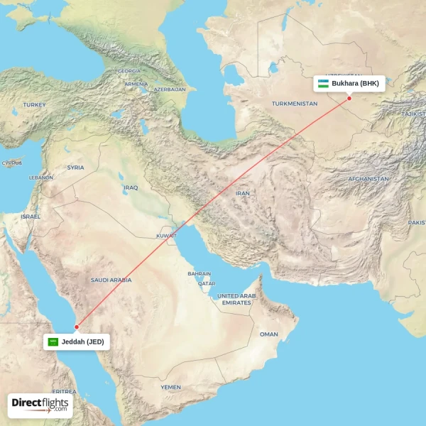 Jeddah - Bukhara direct flight map