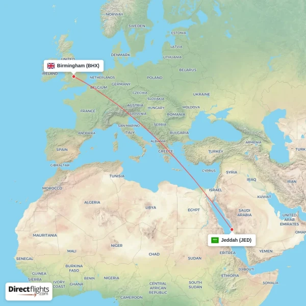 Jeddah - Birmingham direct flight map