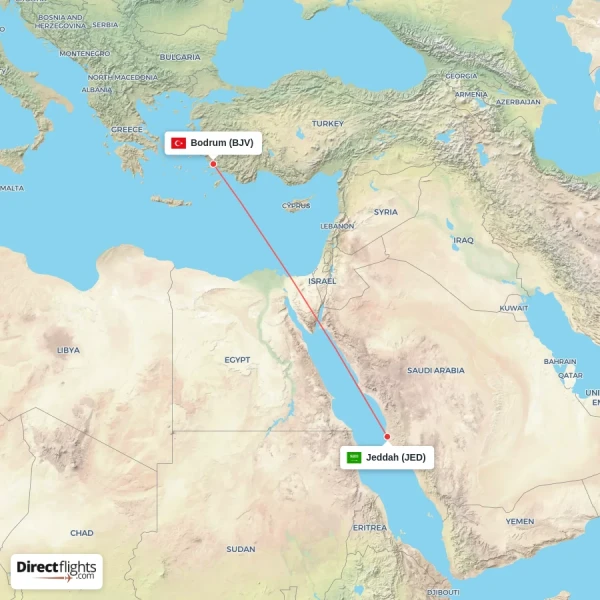 Jeddah - Bodrum direct flight map