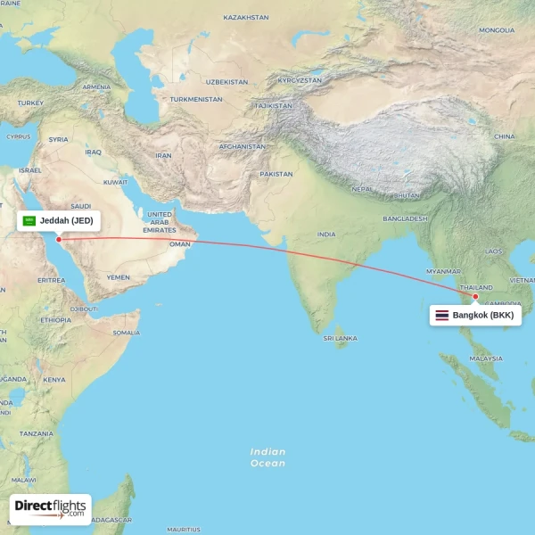 Jeddah - Bangkok direct flight map